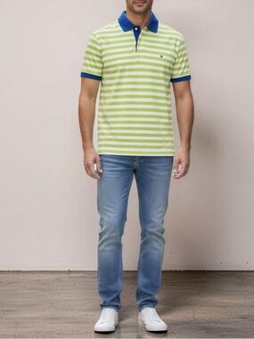 Tommy Hilfiger Men’s Striped Polo Shirt – Lime Green & White – Size M